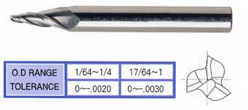 88556TC .062 x 1/4 x 1 x 3 3 DEG 3 FLUTE REGULAR LENGTH BALL NOSE TAPERED TICN-COATED CARBIDE End Mill