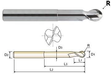 89901TC 1/2 x 1/2 x 6 N.240 2 FLUTE 37 DEGREE HELIX BALL NOSE EXTENDED NECK TICN-COATEDALU-POWER End Mill