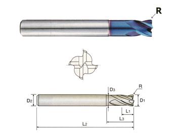 G85012 3/16 x 1/4 x 1/4(3/8LBS) x 2, R.004, NECK DIA .181 4 FLUTE STUB 30 DEGREE HELIX CORNER RADIUS W/ EXTENDED NECK X-5070 CARBIDE END MILL