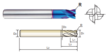 G8A37015 1.5 x 3 x 2.2 x 40 4 FLUTE SE STUB CUT CORNER RADIUS EXTENDED NECK X-5070 POWER CARBIDE END MILL