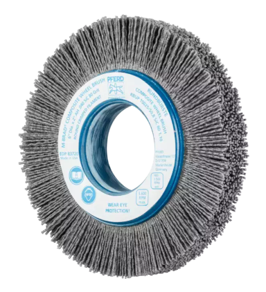 8" M-BRADÃ‚Â® composite wheel brush - Narrow face, .040"/120 grit Cer. Ox., 2" Keyed AH, 1-1/4" trim