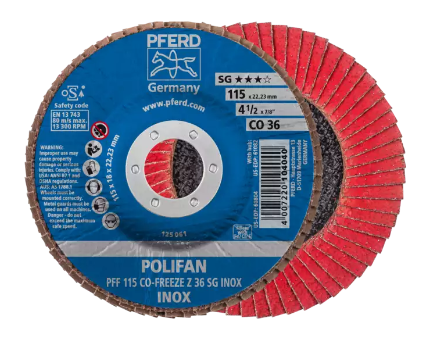 5" x 7/8" A.H. POLIFANÃ‚Â® Flap Disc - CO-FREEZE SG INOX, Ceramic oxide, 36 Grit, Flat