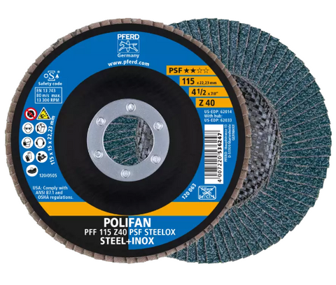 7" x 5/8-11 Thd. POLIFANÃ‚Â® Flap Disc - Z PSF STEELOX, Zirconia, 40 Grit, Conical