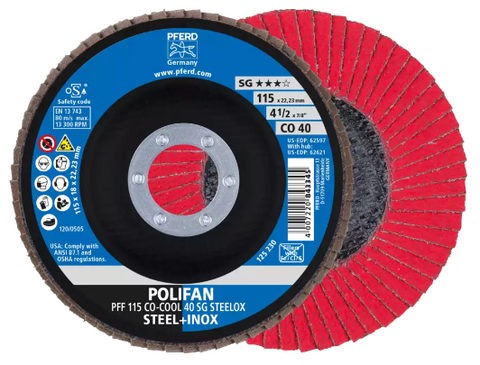 7" x 7/8" A.H. POLIFANÃ‚Â® Flap Disc - CO-COOL SG STEELOX, Ceramic oxide, 40 Grit, Conical