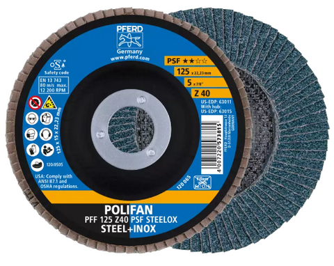 6" x 5/8-11 Thd. POLIFANÃ‚Â® Flap Disc - Z PSF STEELOX, Zirconia, 60 Grit, Flat