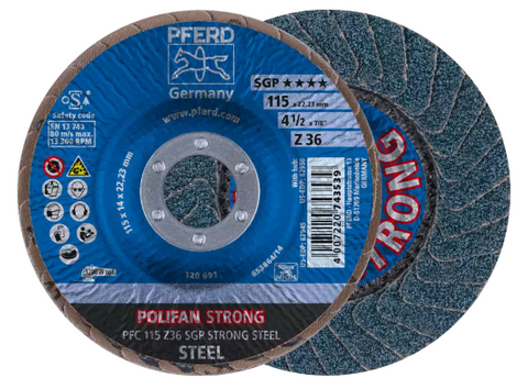 5" x 7/8" A.H. POLIFANÃ‚Â® Flap Disc - Z SGP STRONG STEEL, Zirconia, 36 Grit, Conical