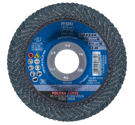 5" x 5/8-11 Thd. POLIFANÃ‚Â® Flap Disc - Z PSF TRIM STEELOX, Zirconia, 40 Grit, Flat